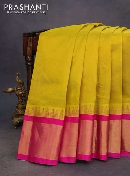 Kuppadam silk cotton saree mustard yellow and pink with plain body and temple design zari woven border