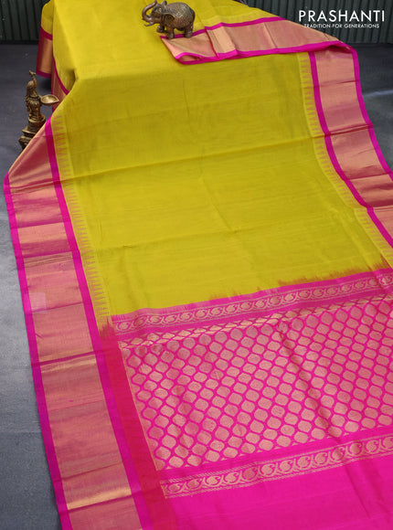 Kuppadam silk cotton saree mustard yellow and pink with plain body and temple design zari woven border