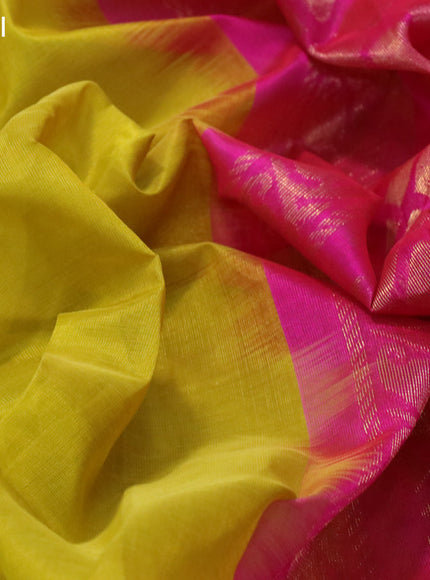 Kuppadam silk cotton saree mustard yellow and pink with plain body and temple design zari woven border