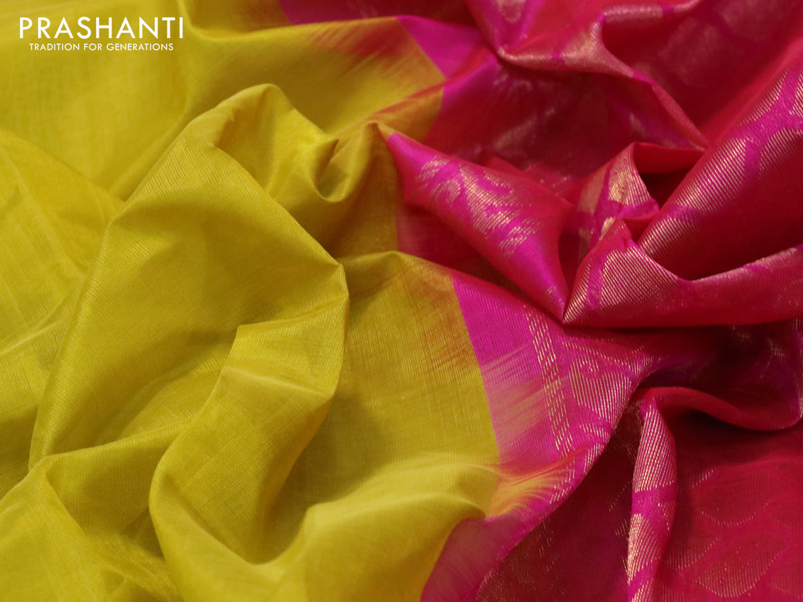 Kuppadam silk cotton saree mustard yellow and pink with plain body and temple design zari woven border