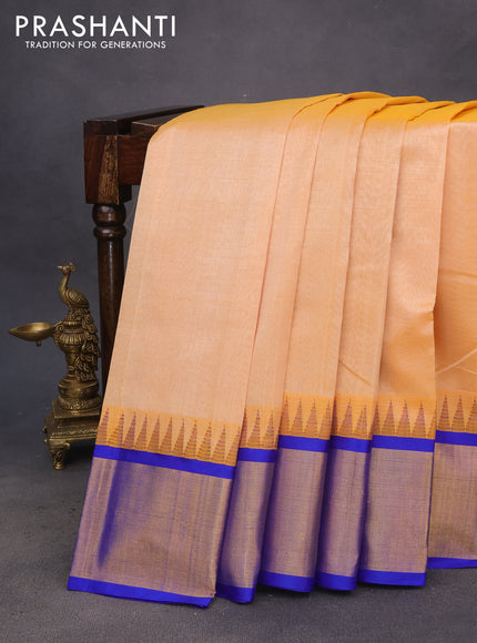 Kuppadam silk cotton saree pale orange and blue with plain body and temple design zari woven border