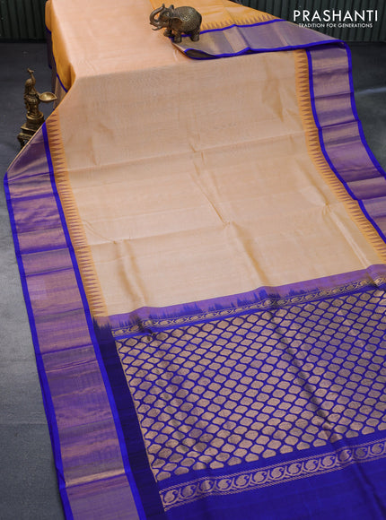 Kuppadam silk cotton saree pale orange and blue with plain body and temple design zari woven border