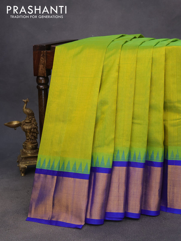 Kuppadam silk cotton saree dual shade of light green and blue with plain body and temple design zari woven border