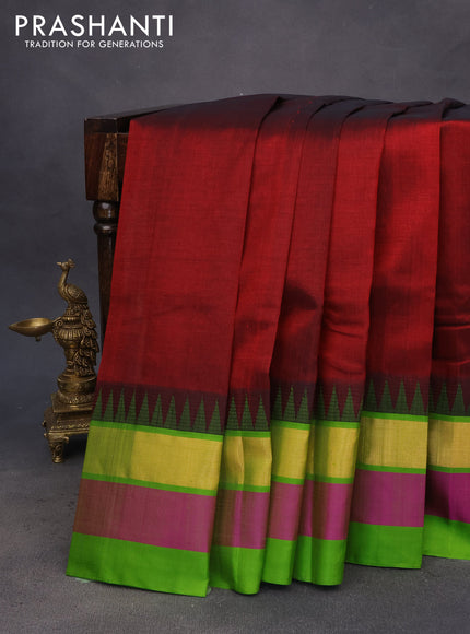 Kuppadam silk cotton saree maroon and light green with plain body and temple design zari woven simple border