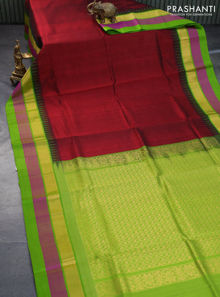 Kuppadam silk cotton saree maroon and light green with plain body and temple design zari woven simple border