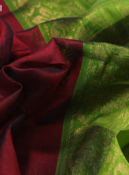 Kuppadam silk cotton saree maroon and light green with plain body and temple design zari woven simple border