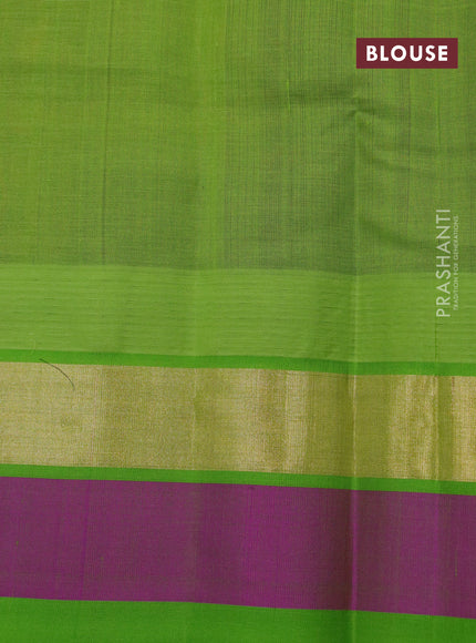 Kuppadam silk cotton saree maroon and light green with plain body and temple design zari woven simple border