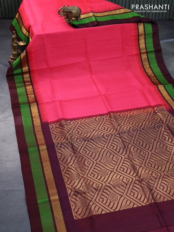 Kuppadam silk cotton saree peach pink shade and deep maroon with plain body and temple design zari woven simple border