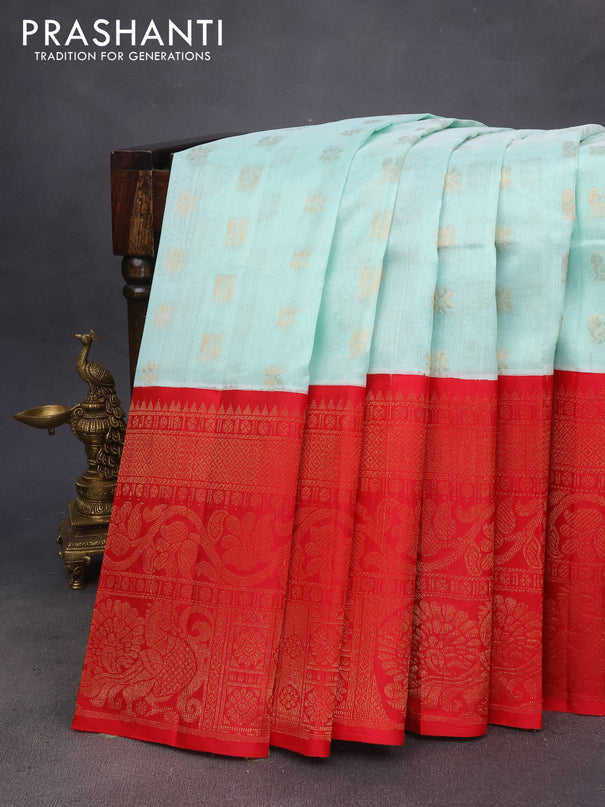 Kuppadam silk cotton saree teal blue shade and red with allover zari woven buttas and long rich zari woven border