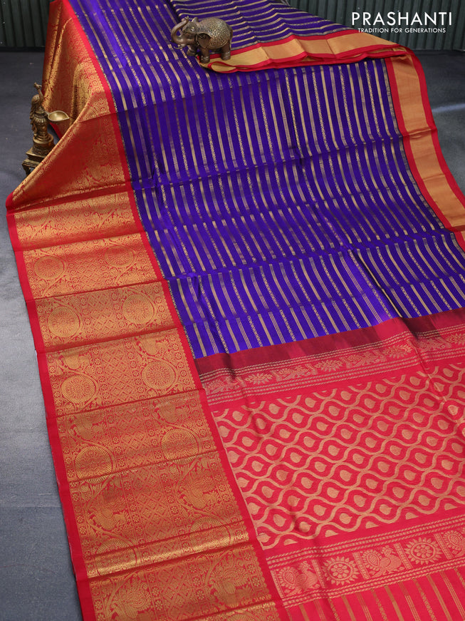 Kuppadam silk cotton saree blue and red with allover zari weaves and long rich zari woven border