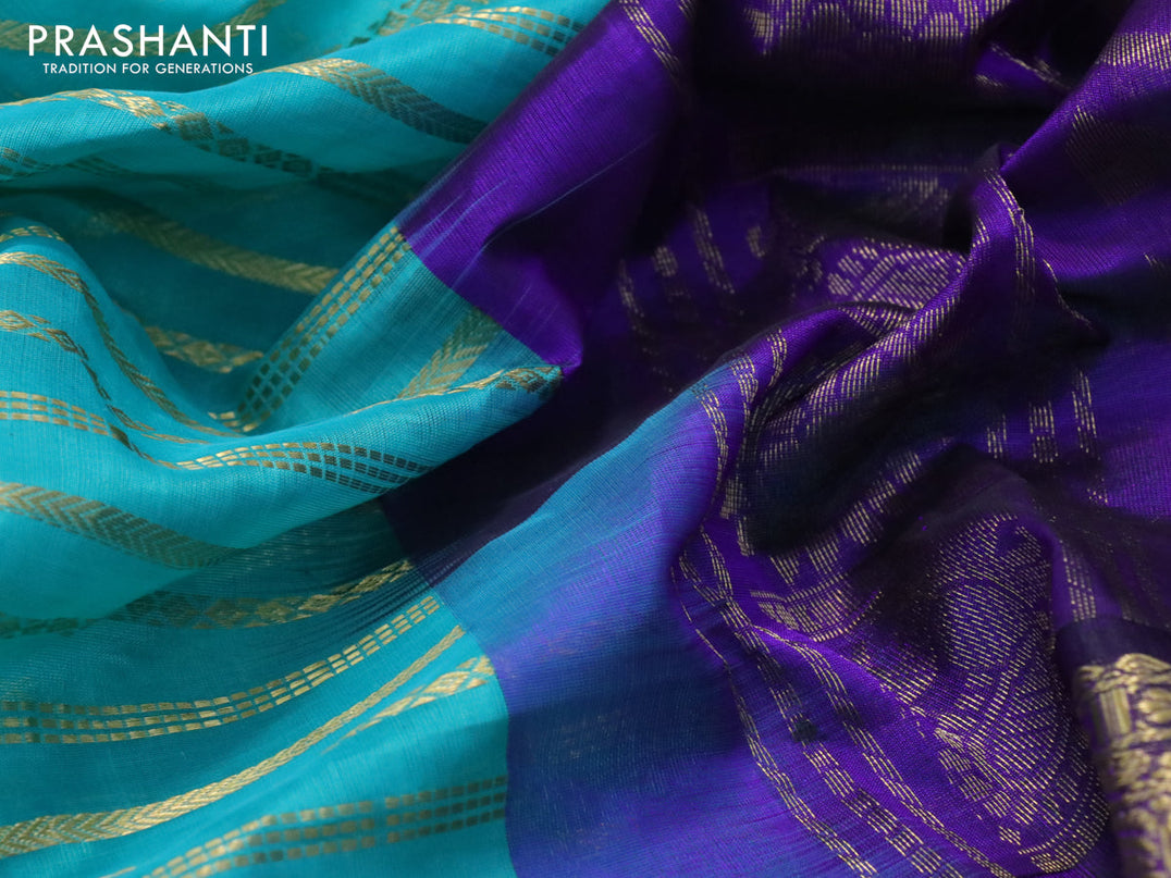 Kuppadam silk cotton saree teal blue and violet with allover zari weaves and long rich zari woven border