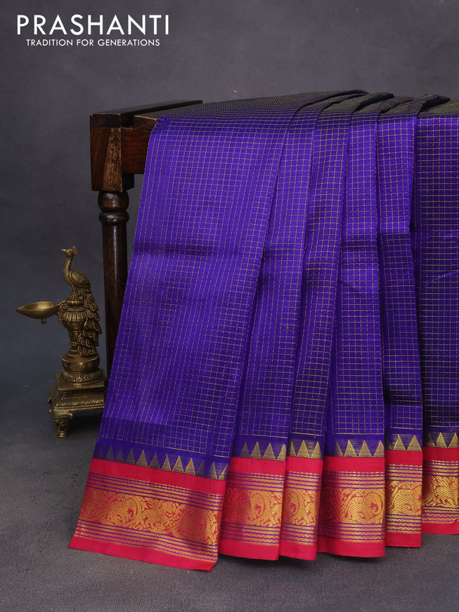 Silk cotton saree blue and pink with allover zari checked pattern and zari woven korvai border