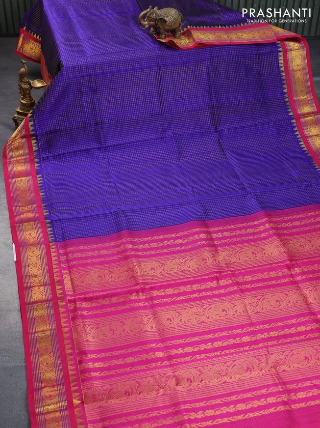 Silk cotton saree blue and pink with allover zari checked pattern and zari woven korvai border