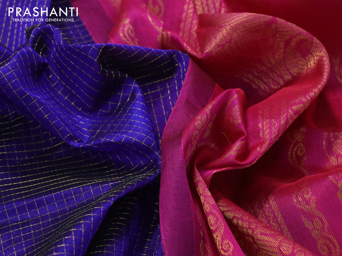 Silk cotton saree blue and pink with allover zari checked pattern and zari woven korvai border