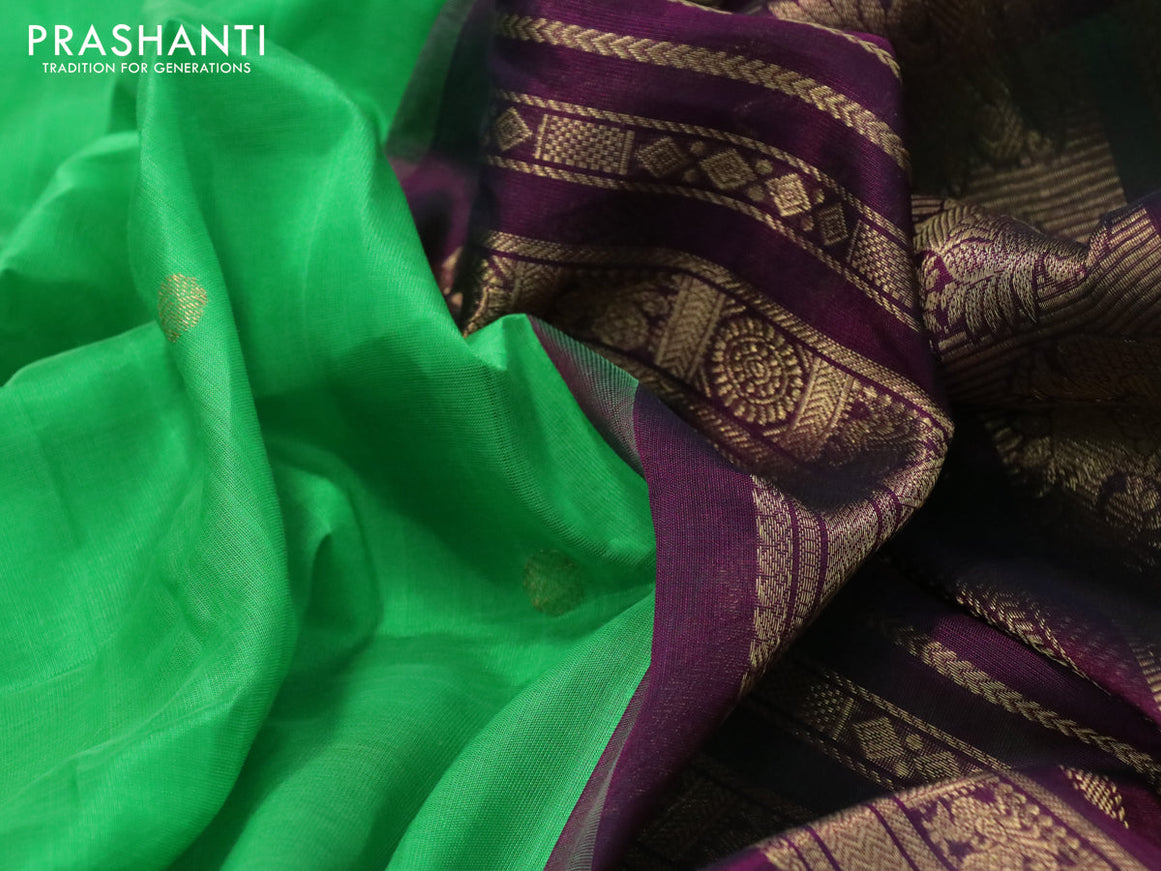 Silk cotton saree green and wine shade with zari woven buttas and zari woven korvai border