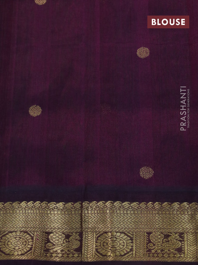 Silk cotton saree green and wine shade with zari woven buttas and zari woven korvai border