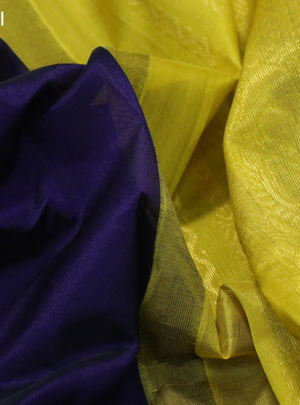 Silk cotton saree dark blue and lime yellow with plain body and zari woven korvai border