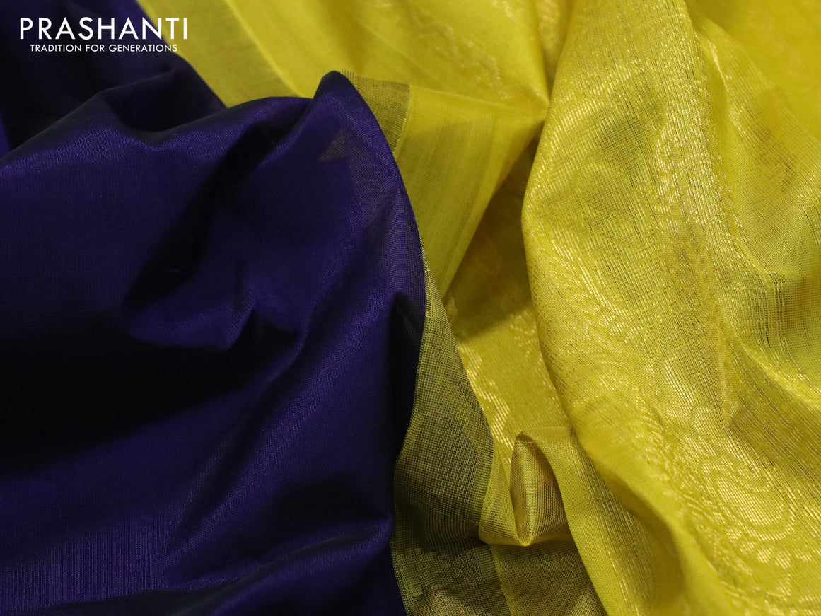 Silk cotton saree dark blue and lime yellow with plain body and zari woven korvai border