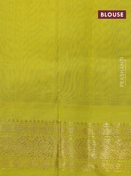 Silk cotton saree dark blue and lime yellow with plain body and zari woven korvai border