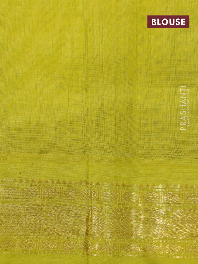 Silk cotton saree dark blue and lime yellow with plain body and zari woven korvai border