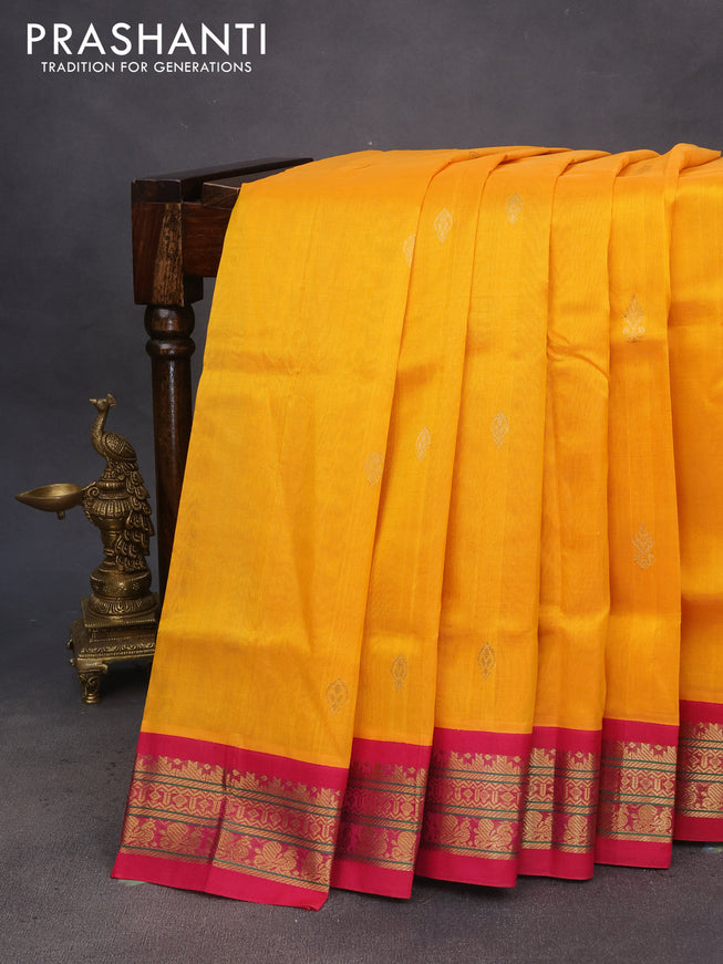 Silk cotton saree mango yellow and pink with zari woven buttas and zari woven korvai border