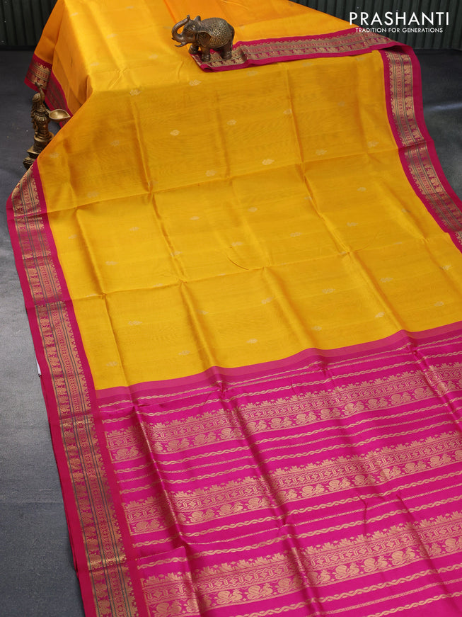 Silk cotton saree mango yellow and pink with zari woven buttas and zari woven korvai border