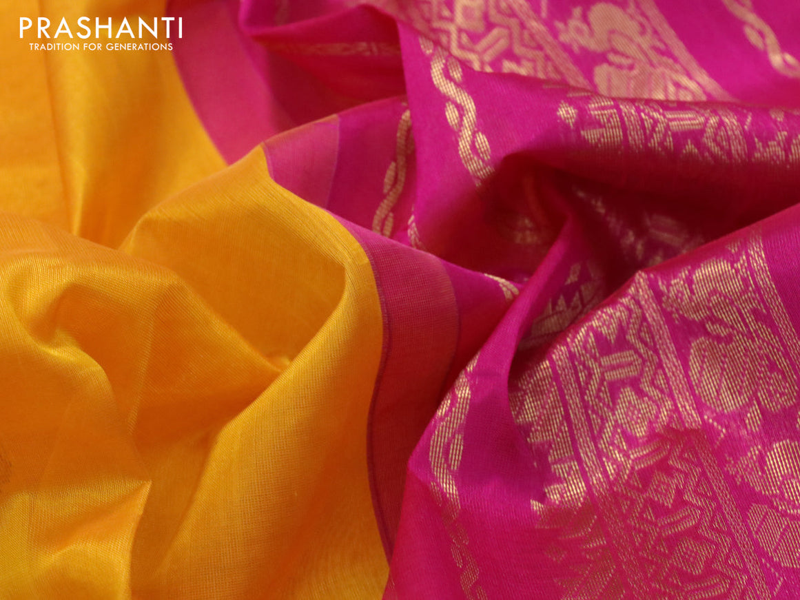 Silk cotton saree mango yellow and pink with zari woven buttas and zari woven korvai border