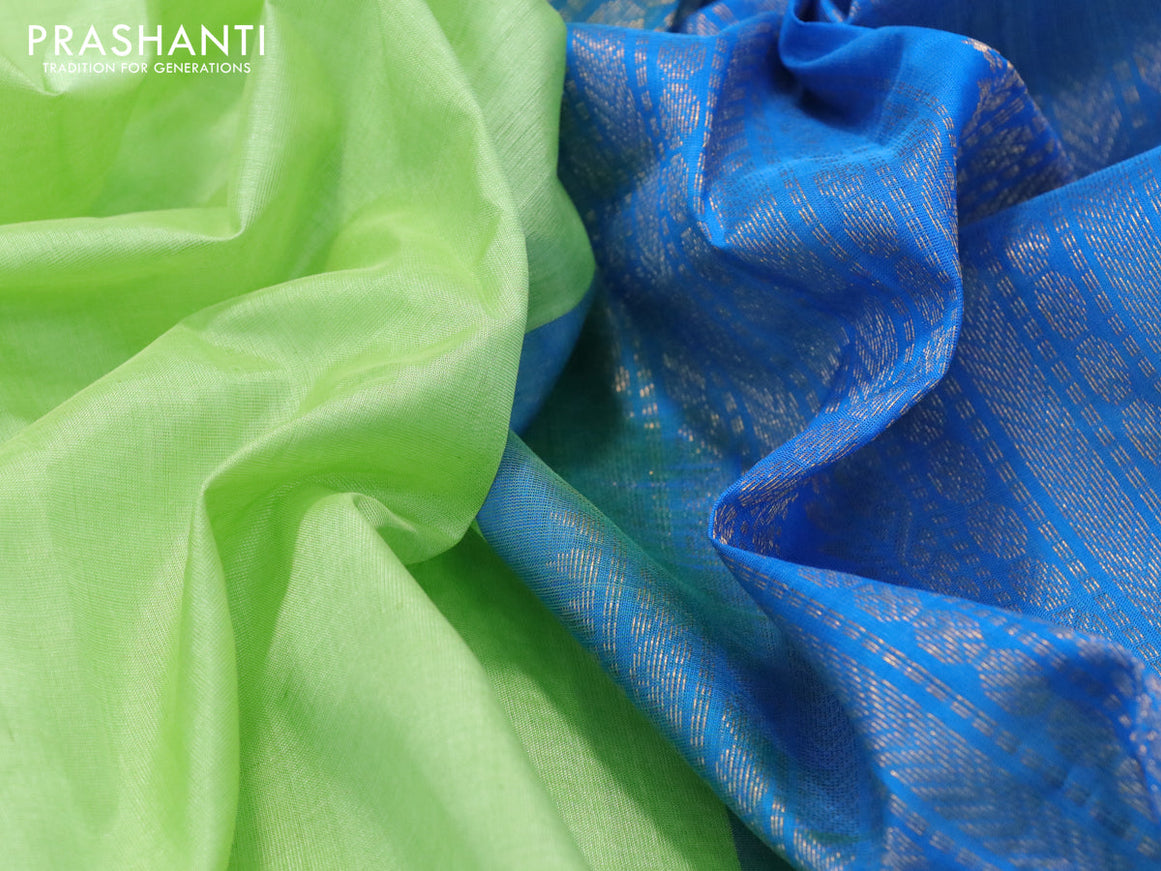 Silk cotton saree pista green and cs blue with plain body and temple design zari woven border