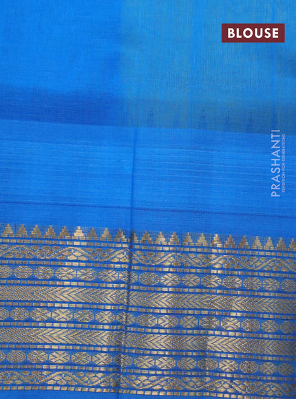 Silk cotton saree pista green and cs blue with plain body and temple design zari woven border