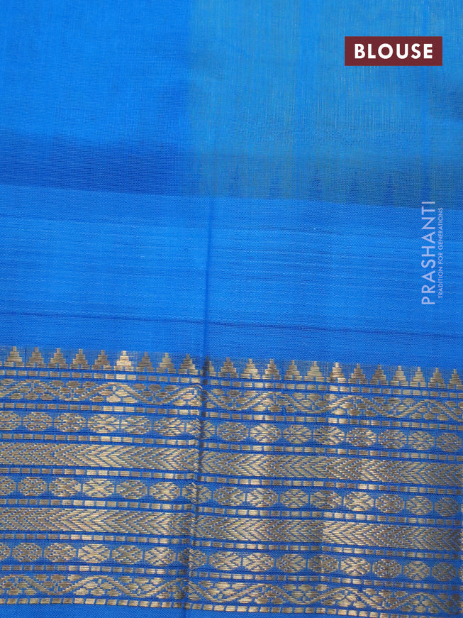 Silk cotton saree pista green and cs blue with plain body and temple design zari woven border