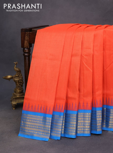 Silk cotton saree orange and cs blue with plain body and temple design zari woven border