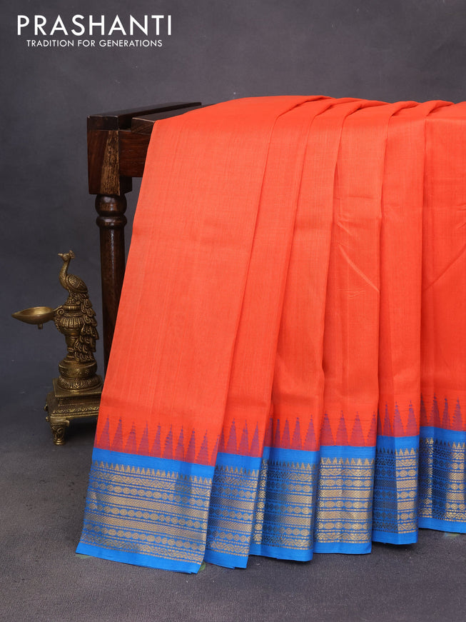 Silk cotton saree orange and cs blue with plain body and temple design zari woven border