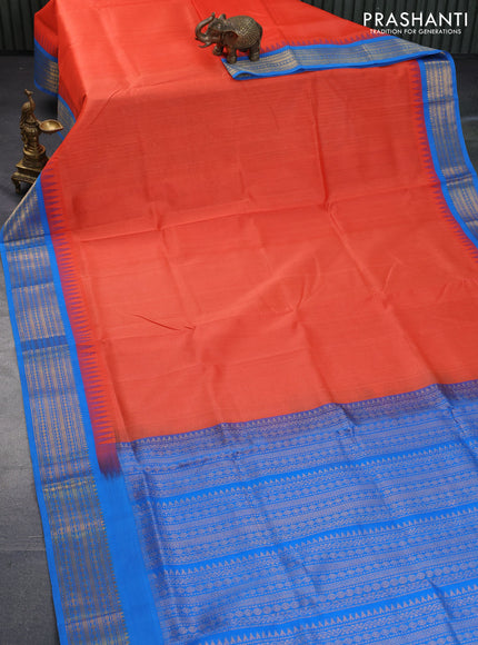 Silk cotton saree orange and cs blue with plain body and temple design zari woven border