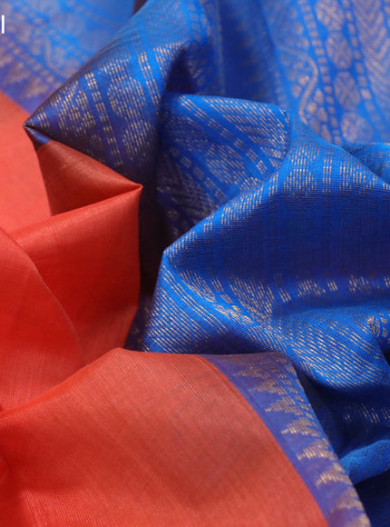 Silk cotton saree orange and cs blue with plain body and temple design zari woven border