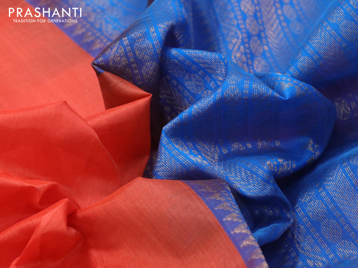 Silk cotton saree orange and cs blue with plain body and temple design zari woven border