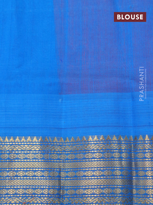 Silk cotton saree orange and cs blue with plain body and temple design zari woven border