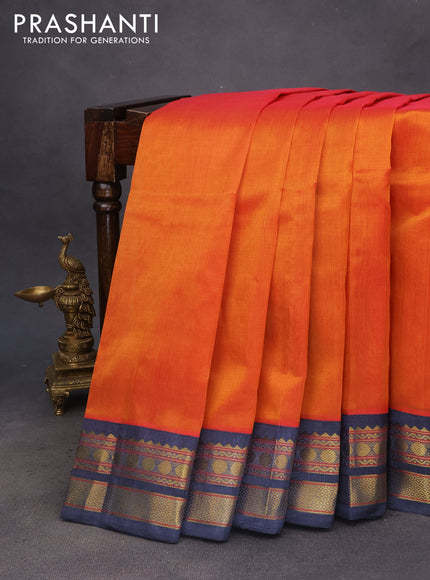 Silk cotton saree rustic orange and grey with plain body and zari woven korvai border