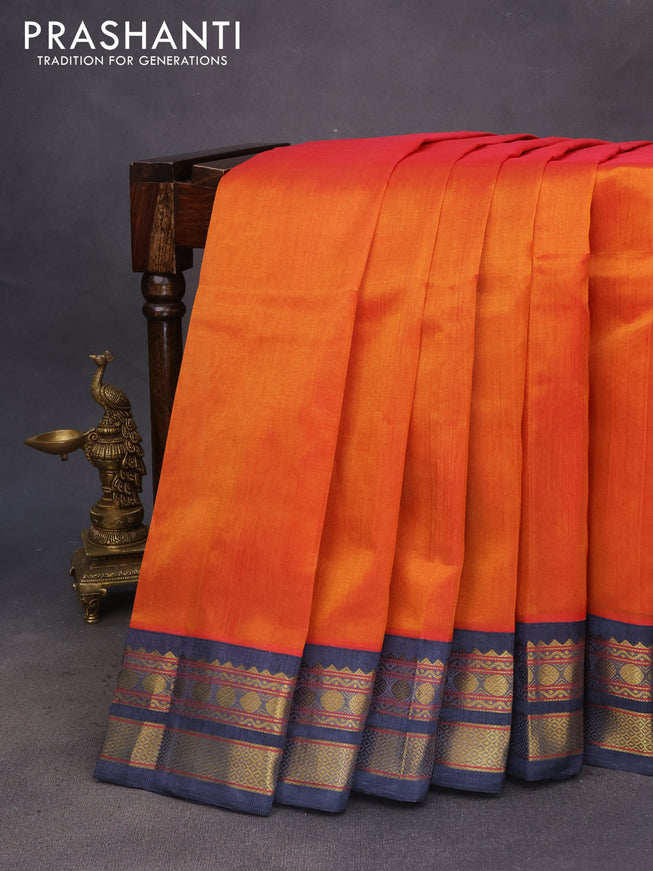 Silk cotton saree rustic orange and grey with plain body and zari woven korvai border