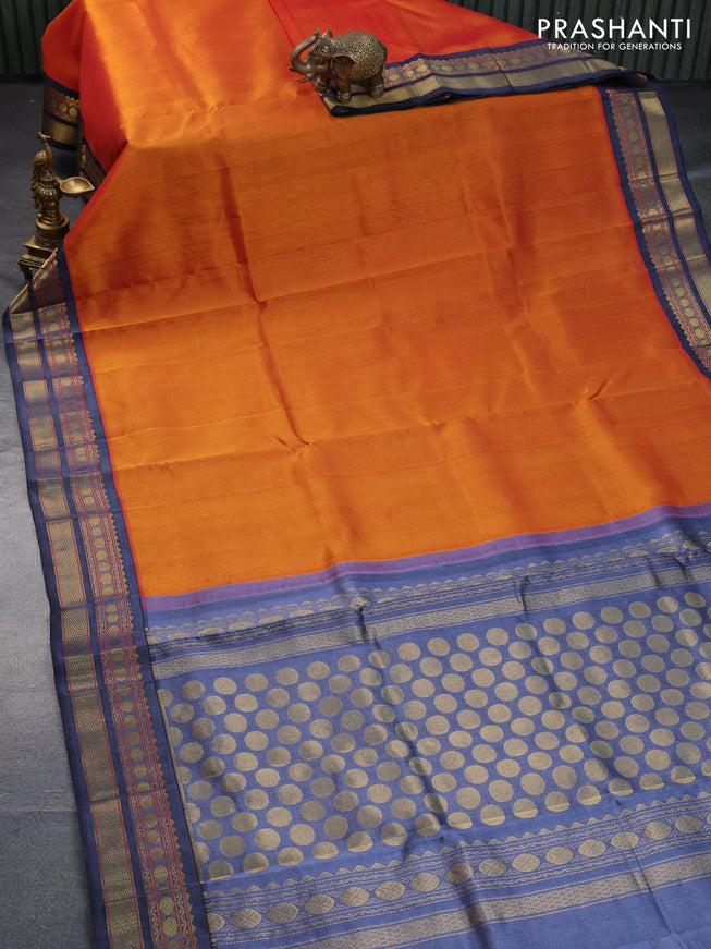 Silk cotton saree rustic orange and grey with plain body and zari woven korvai border