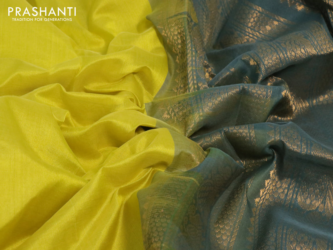 Silk cotton saree lime yellow and grey shade with plain body and rettapet zari woven korvai border