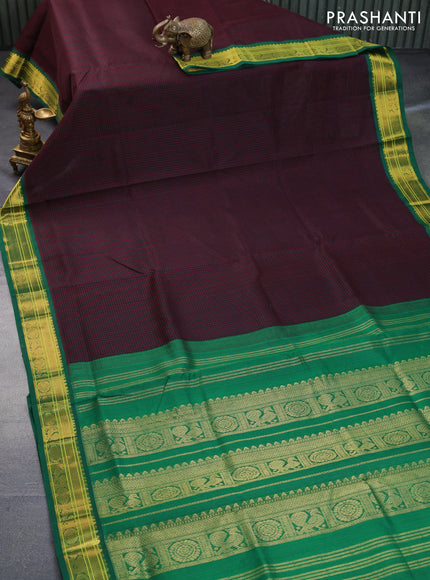 Silk cotton saree black and green with allover checked pattern and zari woven korvai border