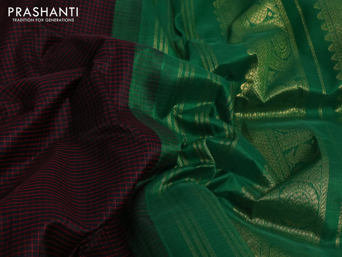 Silk cotton saree black and green with allover checked pattern and zari woven korvai border