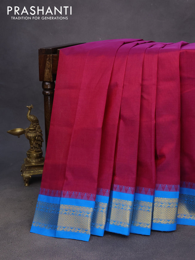 Silk cotton saree magenta pink and cs blue with plain body and zari woven korvai border