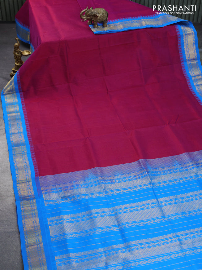 Silk cotton saree magenta pink and cs blue with plain body and zari woven korvai border