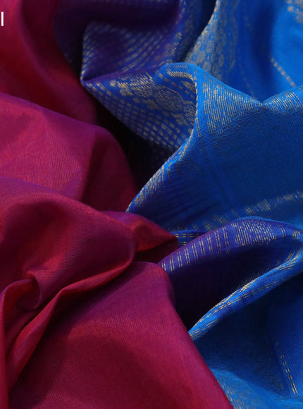 Silk cotton saree magenta pink and cs blue with plain body and zari woven korvai border