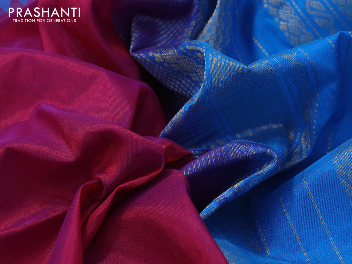 Silk cotton saree magenta pink and cs blue with plain body and zari woven korvai border