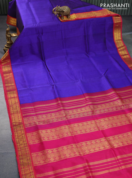 Silk cotton saree blue and pink with plain body and zari woven korvai border