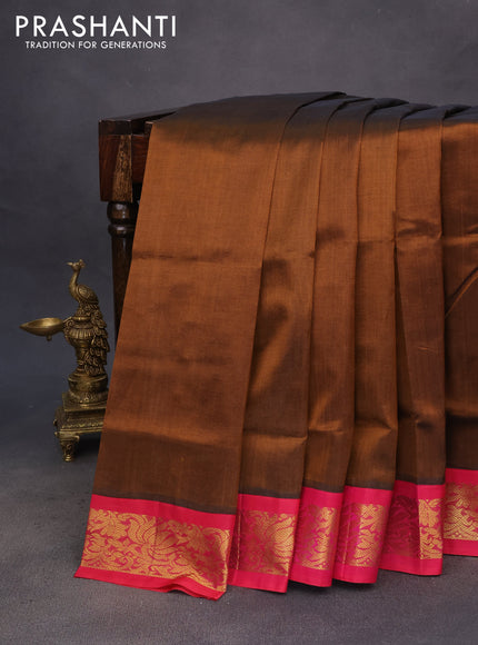 Silk cotton saree brown shade and pink with allover zari checked pattern and zari woven korvai border