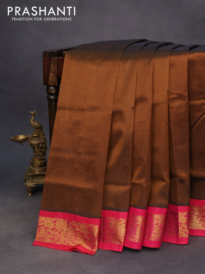 Silk cotton saree brown shade and pink with allover zari checked pattern and zari woven korvai border