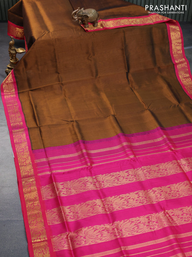 Silk cotton saree brown shade and pink with allover zari checked pattern and zari woven korvai border